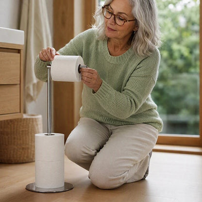 Porte papier toilette, gris, socle à poser, une branche dérouleur et barre de stockage
