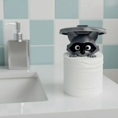 Porte papier toilette imprimé raton laveur en plastique gris ludique avec couvercle 