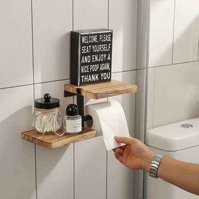Porte papier toilette mural avec deux tablettes en bois 