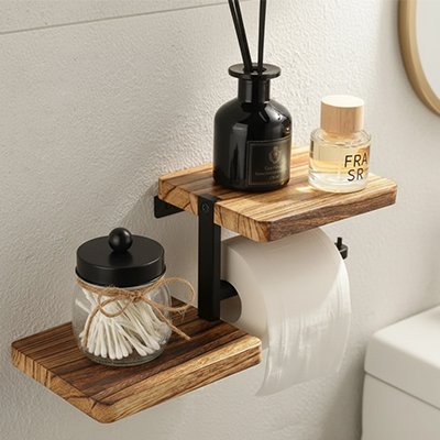 Porte papier toilette mural avec deux tablettes en bois barre en acier inoxydable