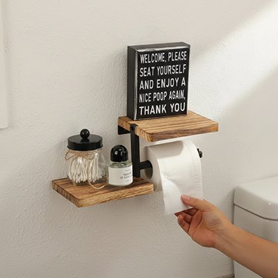 Porte papier toilette mural avec deux tablettes en bois barre en acier inoxydable noir