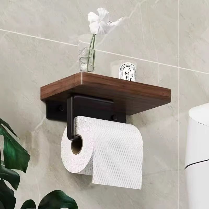 porte papier toilette mural avec tablette en bois accroche noire