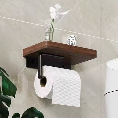 porte papier toilette mural avec tablette en bois accroche noire