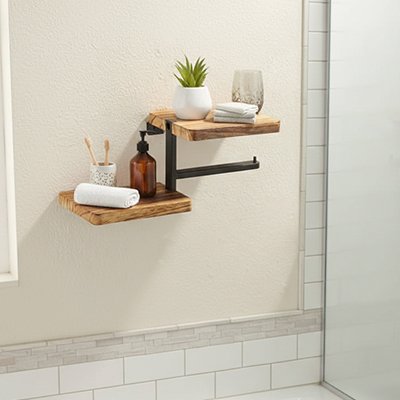 Porte papier toilette mural avec une double tablette en bois 