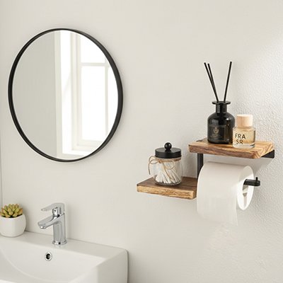 Porte papier toilette mural avec une double tablette en bois noir et bois 