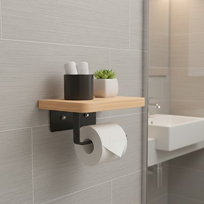 Porte papier toilette mural en bois massif et barre noire