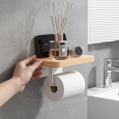 Porte papier toilette mural pose téléphone en bois massif et barre blanche 