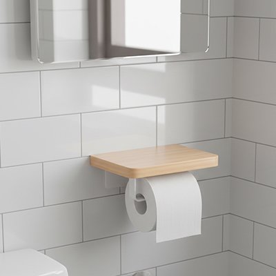 Porte papier toilette mural tablette en bois massif et barre pour le rouleau blanche