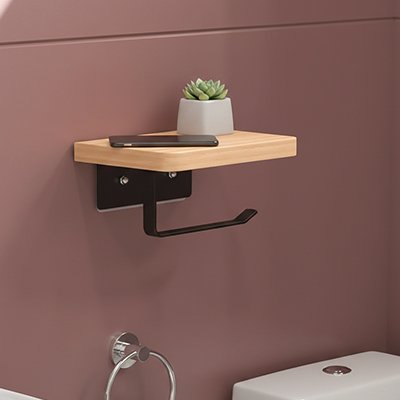 Porte papier toilette mural tablette en bois massif et barre pour le rouleau noire
