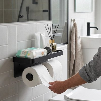 Porte papier toilette, noir, avec étagère, mural auto-adhésif, rectangle à double rouleau