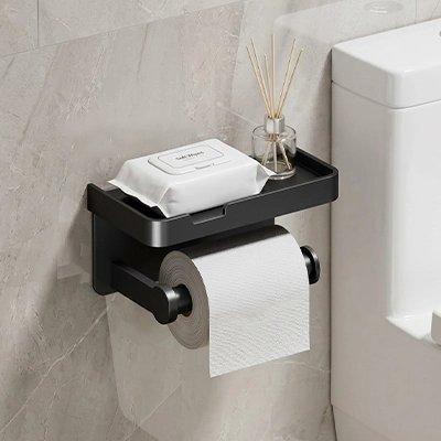 Porte papier toilette, noir, avec étagère, simple rouleau, mural auto-adhésif, rectangle