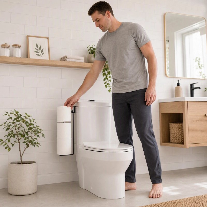 Porte papier toilette noir, contient 4 rouleaux, discret et simple