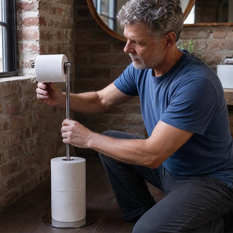 Porte papier toilette noir socle à poser et réserve de papier 
