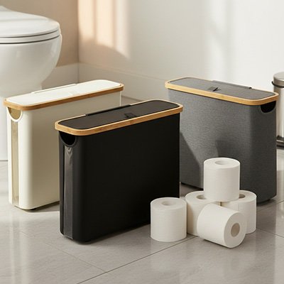 Porte papier toilette panier de rangement en tissu et bois, pliable rectangulaire 3 choix de couleurs