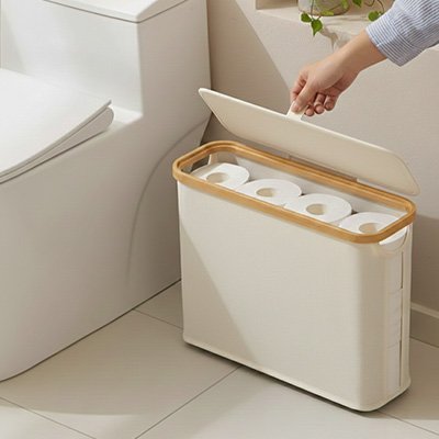 porte papier toilette Panier de rangement en tissu et bois, pliable rectangulaire blanc crème