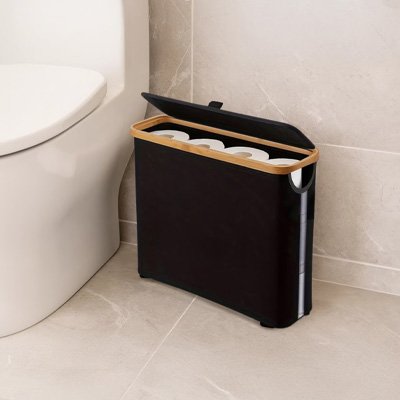 porte papier toilette Panier de rangement en tissu et bois, pliable rectangulaire noir