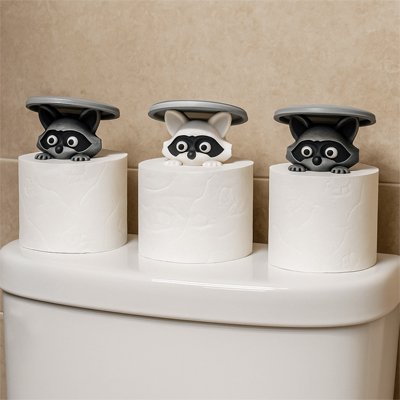 Porte papier toilette pratique petit raton laveur noir ou gris avec couvercle