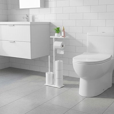 Porte rouleau papier toilette sur pied avec tablette, recharge du papier et brosse toilettes blanc