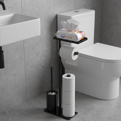 Porte rouleau papier toilette sur pied avec tablette, recharge du papier et brosse toilettes noir