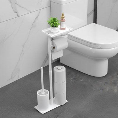 Porte rouleau papier toilette sur pied blanc avec tablette, recharge du papier et brosse toilettes