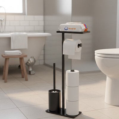 Porte rouleau papier toilette sur pied noir avec tablette, recharge du papier et brosse toilettes