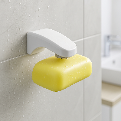 porte savon aimanté avec crochet inoxydable et accroche murale blanche