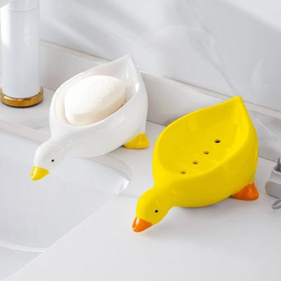 Porte savon auto-drainant en forme de canard mignon jaune ou blanc