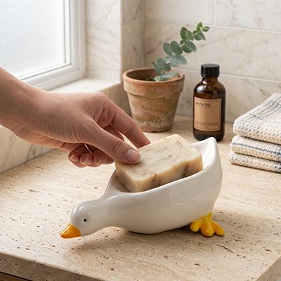 Porte savon auto-drainant en forme de canard mignon blanc