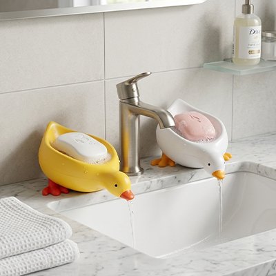 Porte savon auto-drainant en forme de canard mignon blanc ou jaune