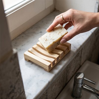 Porte savon bois clair élégant et rétro, rainures de bois