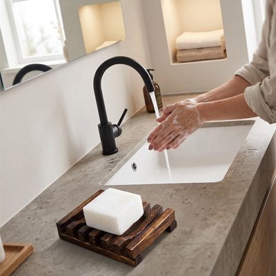 Porte savon bois foncé de bambou, avec rainures, élégant 