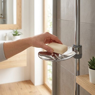 Porte savon dans douche couleur chrome à suspendre sur une barre, en forme de feuille 