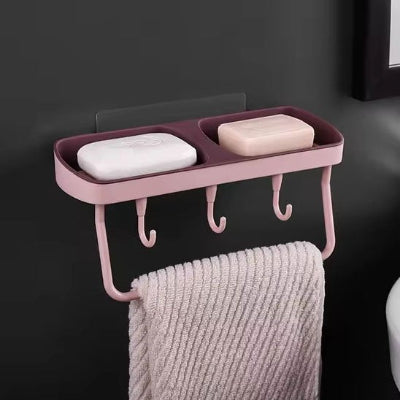 Porte savon dans douche rose mural long avec crochets et évacuation