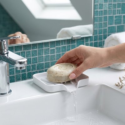 Porte savon douche blanc en silicone, avec tracé d'évacuation, antidérapant