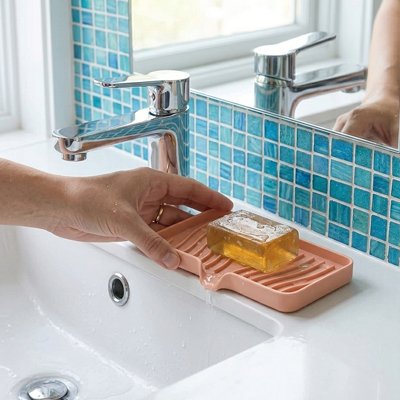 Porte savon douche couleur rose doux en silicone, antidérapant, avec strilles d'évacuation