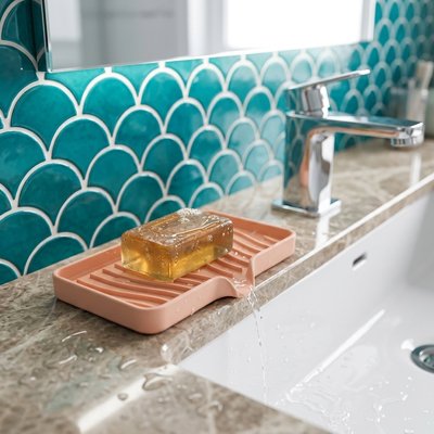 Porte savon douche doux rose, en silicone, antidérapant, avec strilles d'évacuation