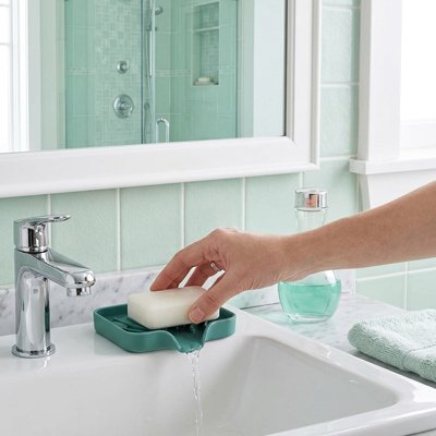 Porte savon douche en silicone bleu turquoise antidérapant, avec évacuation