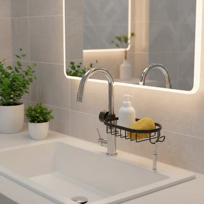 Porte savon douche étagère pour robinet noire, grille 