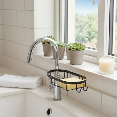 Porte savon douche noire avec crochets, étagère grille pour robinet 