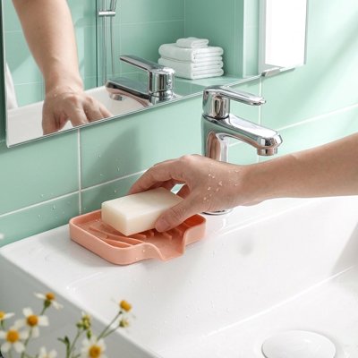 Porte savon  douche, petit format, antidérapant, en silicone, rose pâle