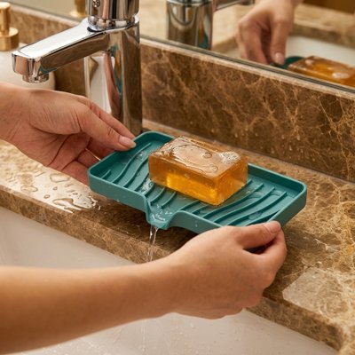 Porte savon douche rectangle, antidérapant en silicone bleu turquoise 