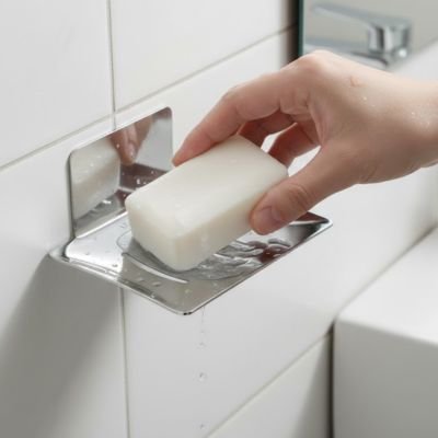 Porte savon mural en acier couleur argent, Trou de drainage avec Auto-adhésif, rectangulaire 