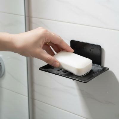 Porte savon mural rectangulaire en acier, Trou de drainage avec Auto-adhésif, noir