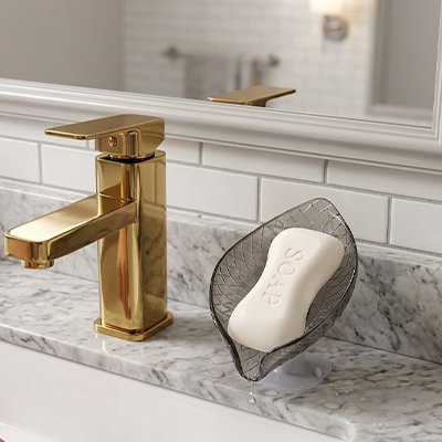 Porte savon noir transparent,  base sur pied munie d'une ventouse puissante 