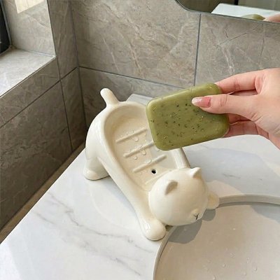 Porte savon pour douche en chat mignon, avec trous d'évacuation, blanc lisse