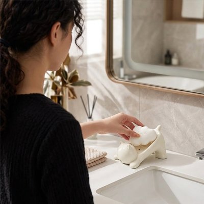 Porte savon pour douche en chat mignon, blanc, avec trous d'évacuation