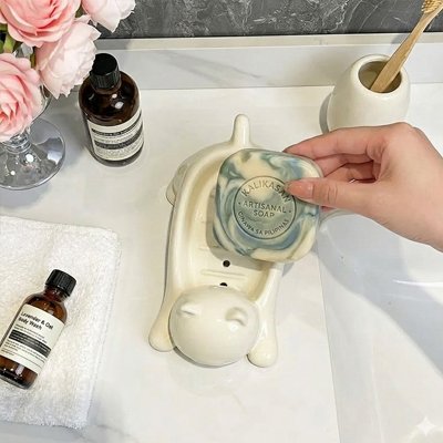 Porte savon pour douche en chat mignon, petit format, avec trous d'évacuation, blanc lisse