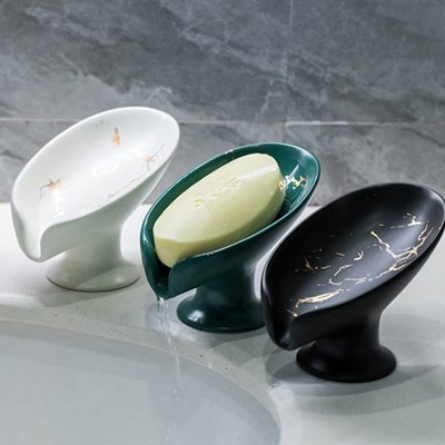 Porte savon ventouse auto-drainant en céramique en forme de feuille, aspect marbre
