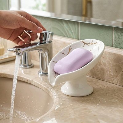 Porte savon ventouse auto-drainant en céramique en forme de feuille, aspect marbre blanc