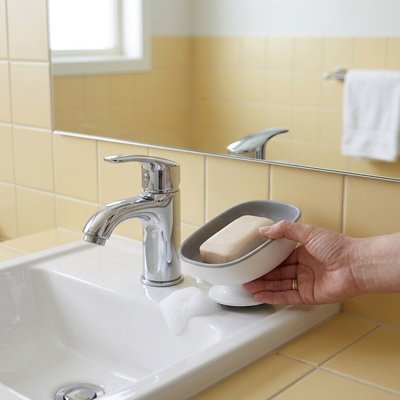 Porte savon ventouse bicolore gris blanc grand format
